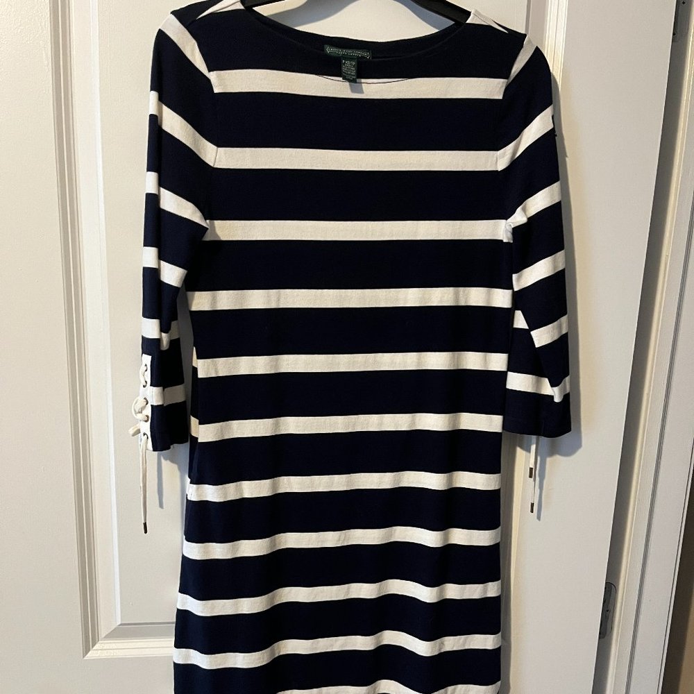 Lauren Jeans Company Ralph Lauren blue & white striped 3/4 dress nautical P XS